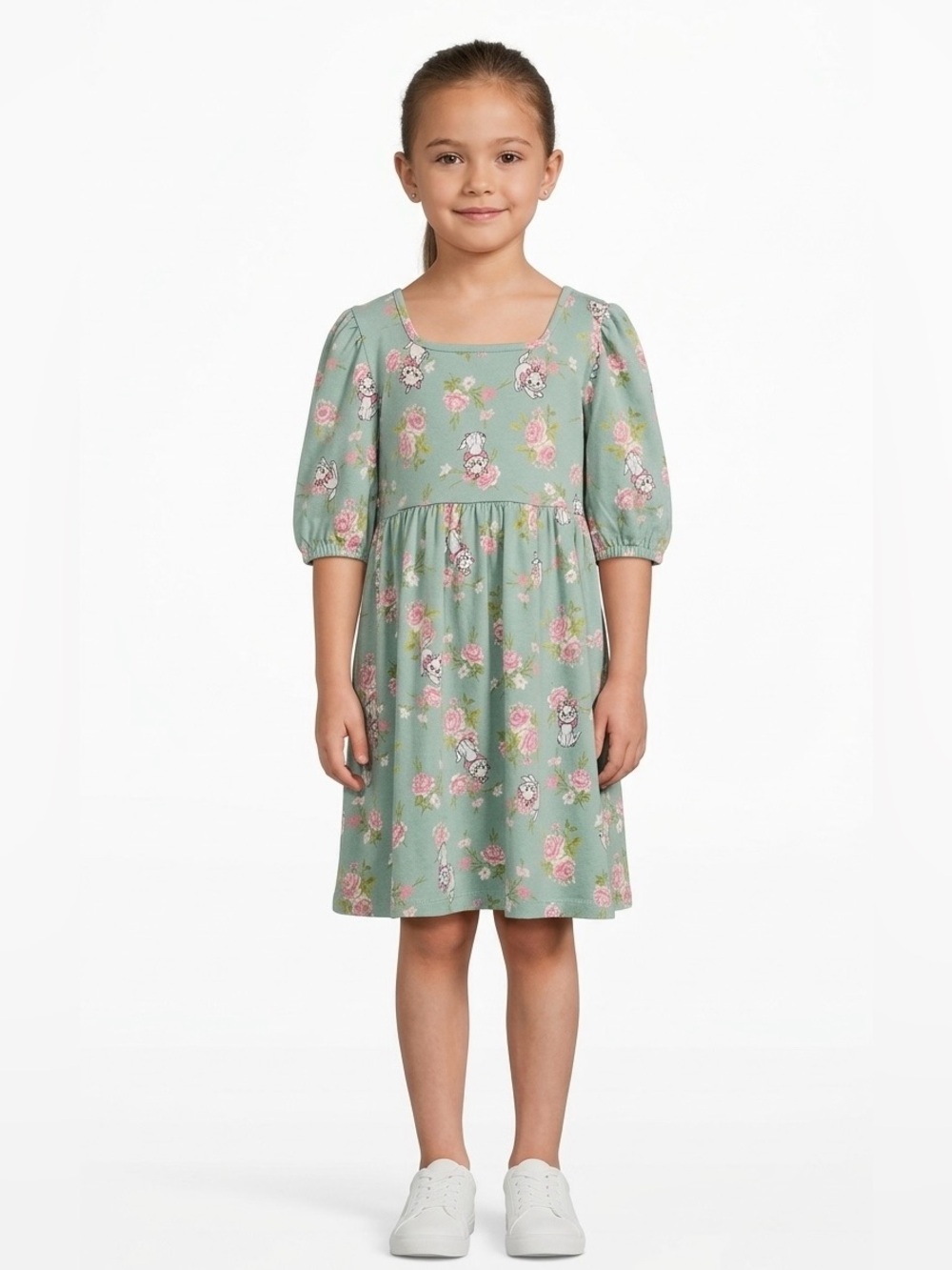 Disney Sage Green Floral Square-Neck Dress with Puff Sleeves